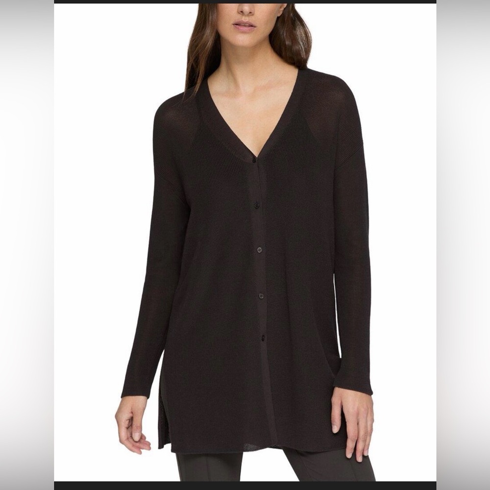 Lafayette 148‎ New York Chocolate Brown cotton Sheer Tunic Cardigan Minimalist L